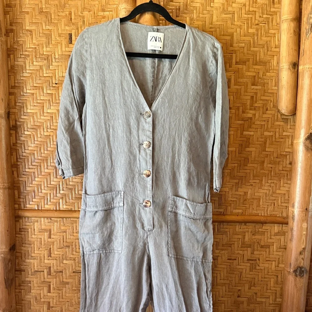 Zara gray Lillian linen Button Front Jumpsuit medium
